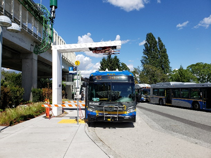 Autobus stationné sous l’auvent du chargeur à haute puissance