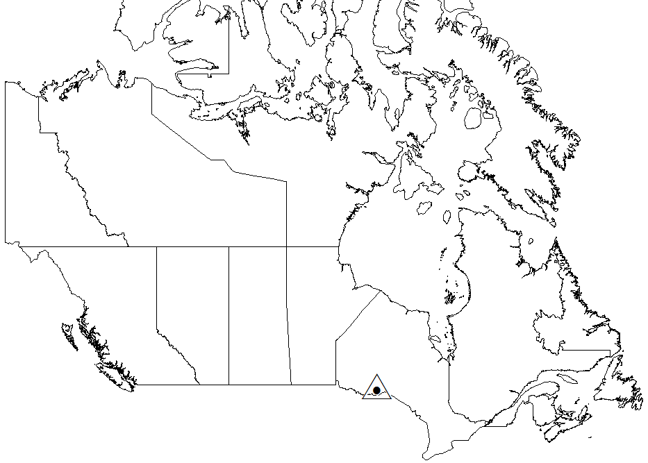 Carte du Canada illustrant la parcelle d’essai d’épandage de cendre de bois dans la pépinière du 25e Sideroad en Ontario.
