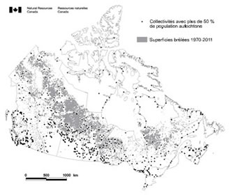 Collectivités avec plus de 50 % de population autochtone et superficies brulées de 1970 à 2011 superposées sur la carte du Canada