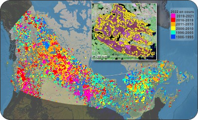 Carte du Canada à petite échelle générée à partir de la Composite nationale des superficies brûlées, montrant les zones qui ont été perturbées par des feux de forêt et, en médaillon, une partie de ces zones avec une résolution de 30 mètres.