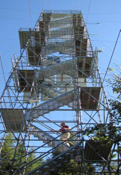 La tour de surveillance météorologique, où une personne monte les escaliers. 