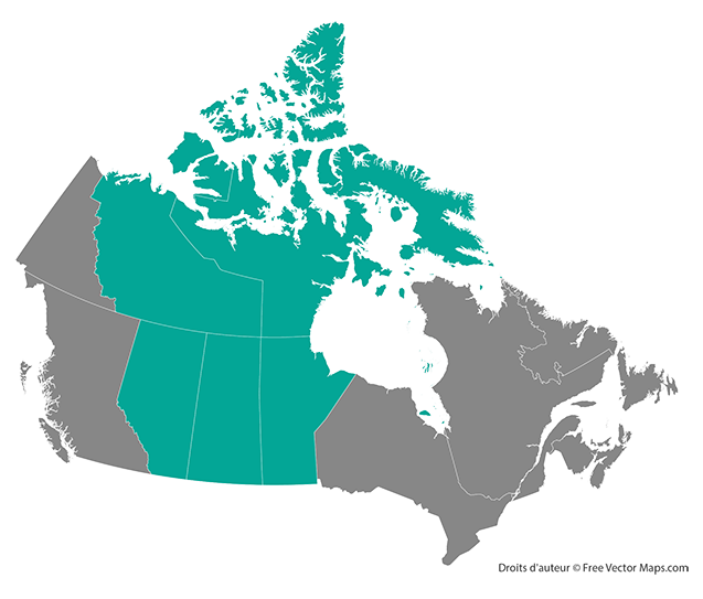 Une carte du Canada. L’Alberta, la Saskatchewan, le Manitoba, les Territoires du Nord-Ouest et le Nunavut en bleu sarcelle et les autres provinces et territoires en gris.