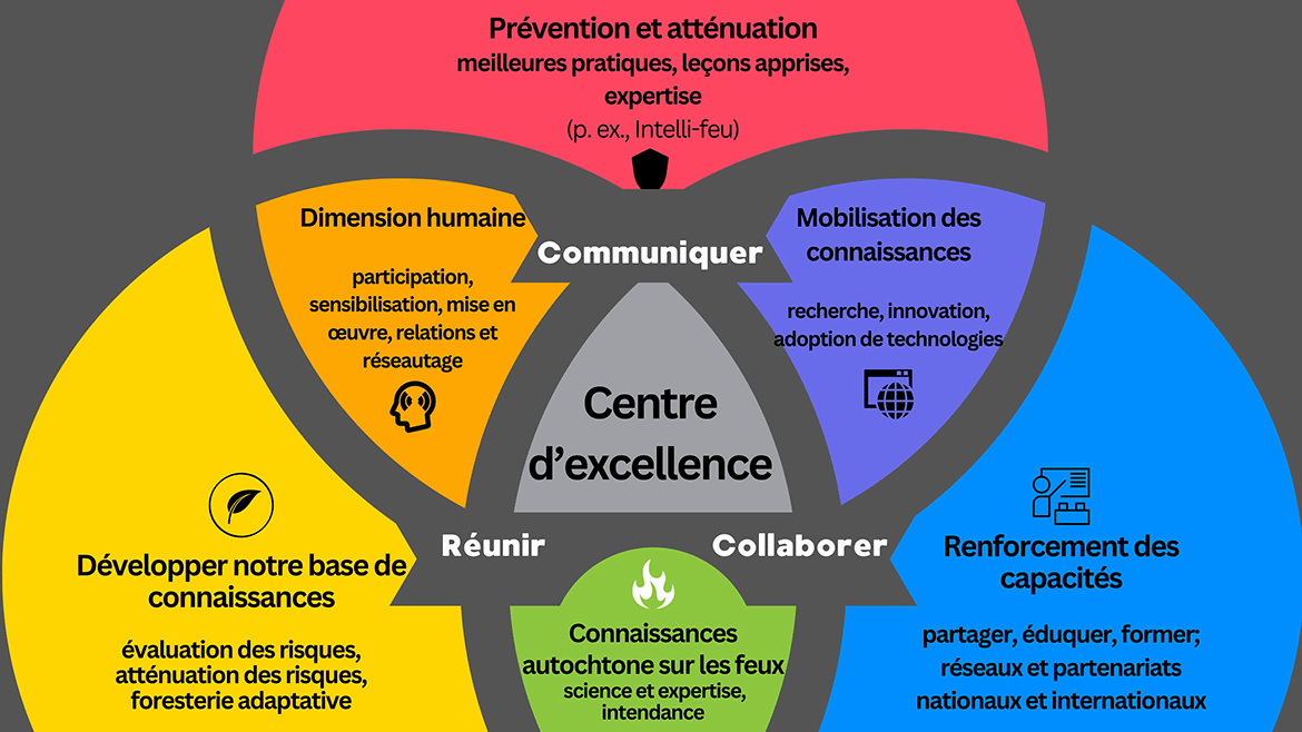 Diagramme de Venn du Centre d’excellence : Intégration de la prévention, de l’engagement, des connaissances, de l’expertise autochtone et du renforcement des capacités.