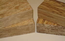 Coupes transversales d’un morceau de bois à copeaux orientés et d’un morceau de bois de copeaux parallèles 