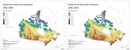 Deux cartes montrant la durée de la saison de croissance (jours) au Canada au cours de la période de 1951 à 1980 et au cours de la période de 1981 à 2010.