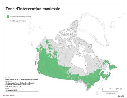 Carte du Canada montrant la zone d’intervention maximale à l’intérieur de laquelle tous les feux de forêt font l’objet d’une suppression active.