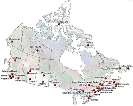 Carte localisant les bureaux et les laboratoires de RNCan au Canada.