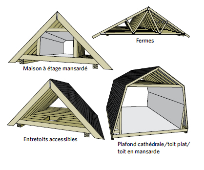 Figure 5-1 Types de grenier; Maison à étage mansardé; Ferme; Entretoits accessibles; Plafond cathédrale/toit plat/toit en mansarde