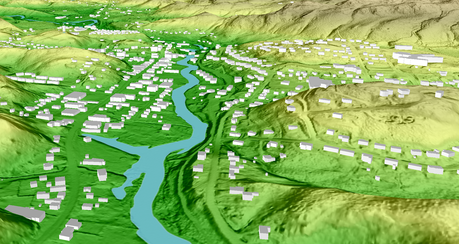 Représentation 3D d'un territoire avec bâtiments, des routes, une rivière parmi un relief changeant.