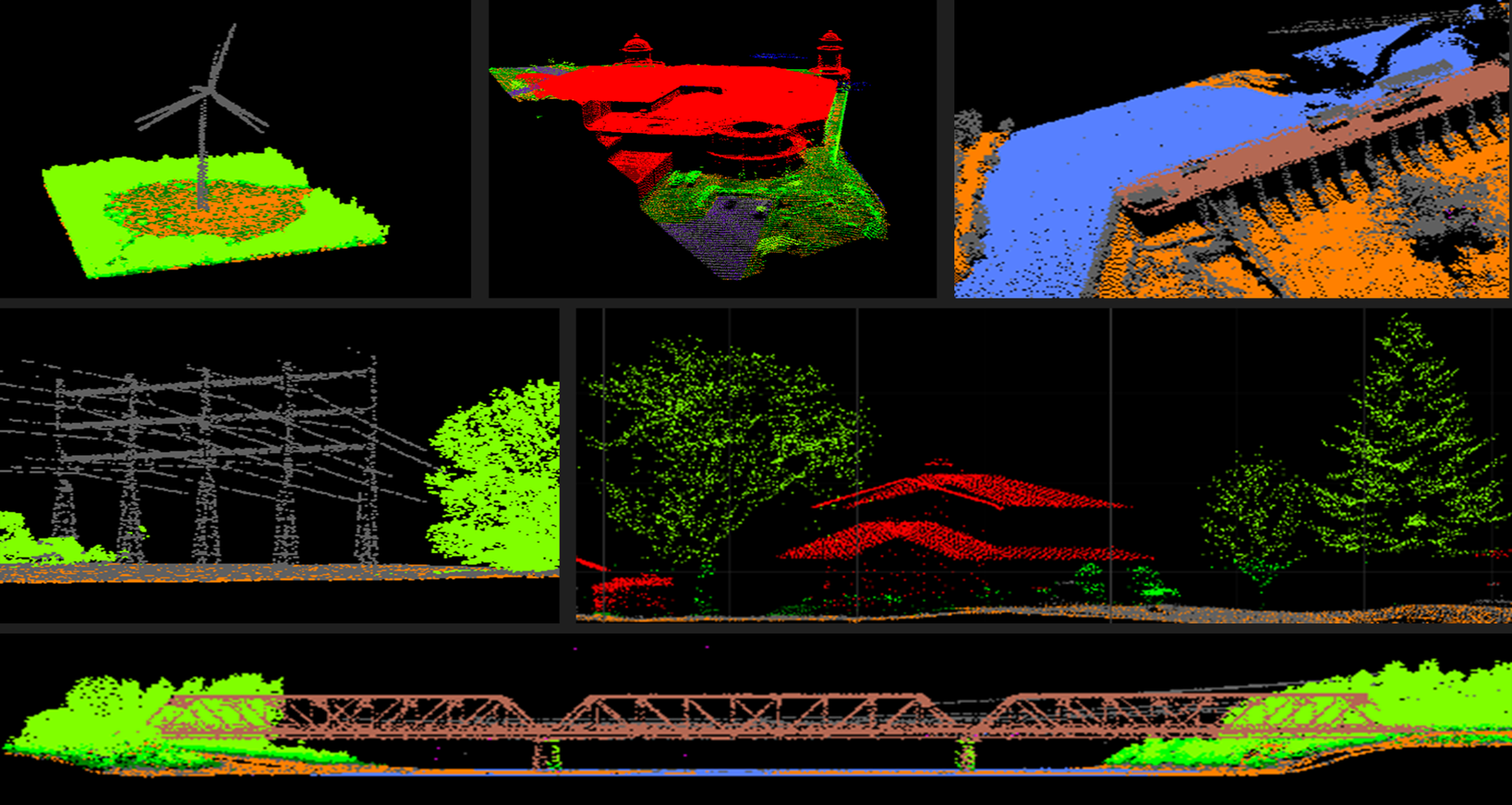 Représentation 3D de nuages de points reproduisant une éolienne, des bâtiments, un barrage, des lignes électriques, des arbres et un pont.