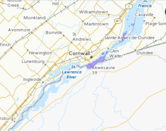 Emplacement de la carte :  Akwesasne - Dundas et Glengarry, Ontario