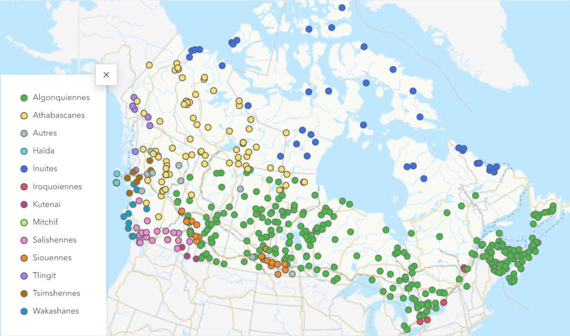 Extrait d'une carte du Canada présentant des noms géographiques ayant leurs origines dans les langues autochtones.