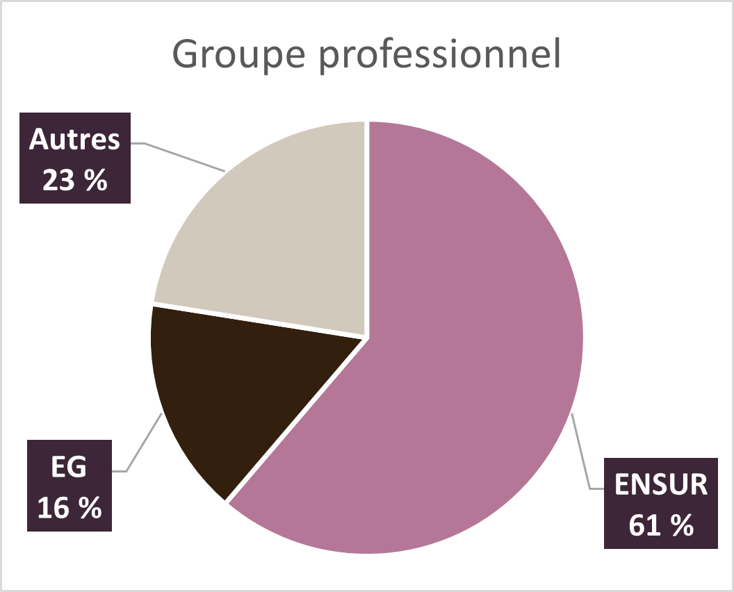 Diagramme circulaire des groupes professionnels : ENSUR 61 %, Autres 23 % et EG 16 %.