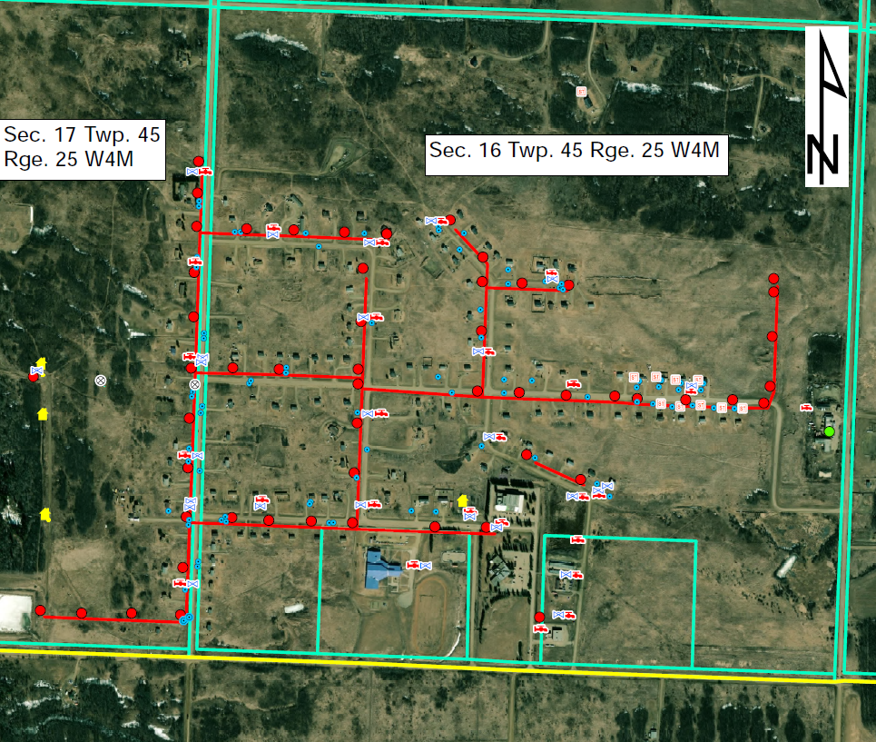 Carte montrant les infrastructures d'aqueduc et d'égout dans la réserve indienne Louis Bull 138B
