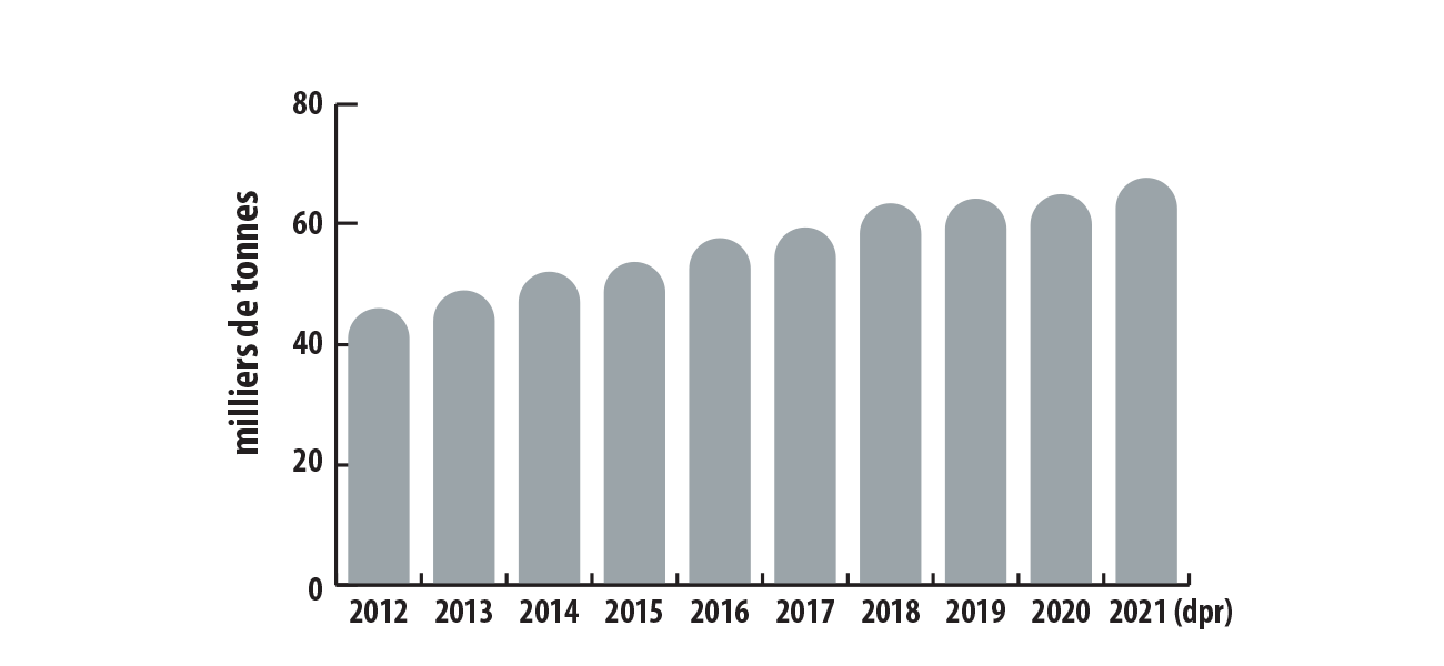 Production mondiale d’aluminium de première fusion, de 2012 à 2021 (dpr) 