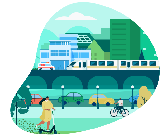 Cette image représente l'infrastructure publique en montrant un paysage avec des personnes dans un parc, une route, un pont, un train, un hôpital et d'autres bâtiments.