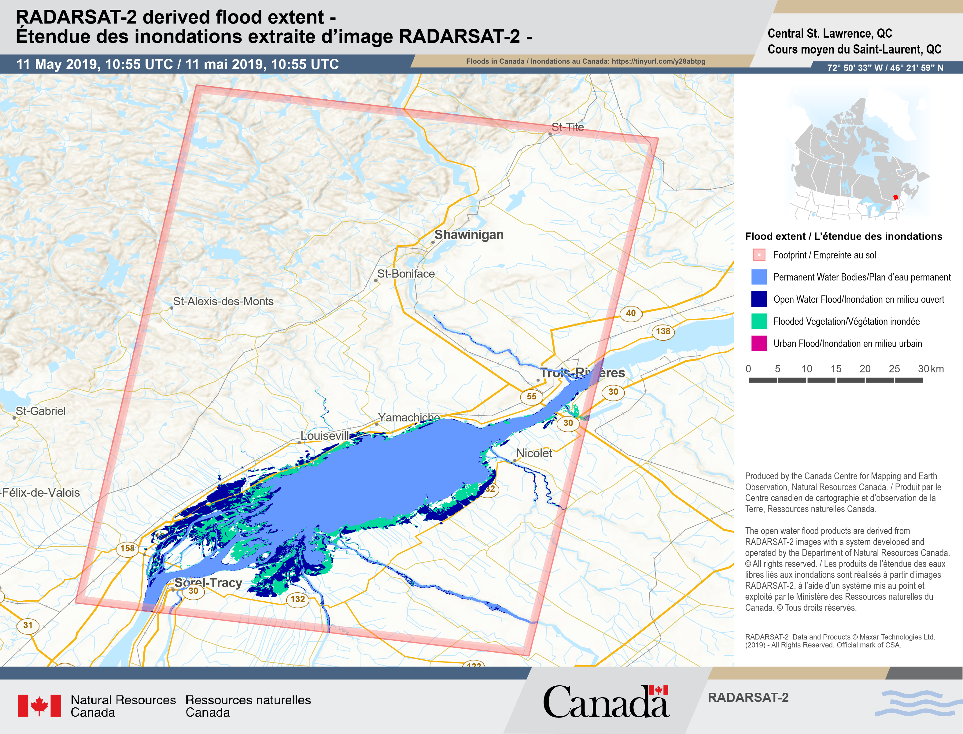 Un exemple de carte des risques d'inondation montre des sections transversales des niveaux de crue à un point d'étude le long de la rivière Rideau.