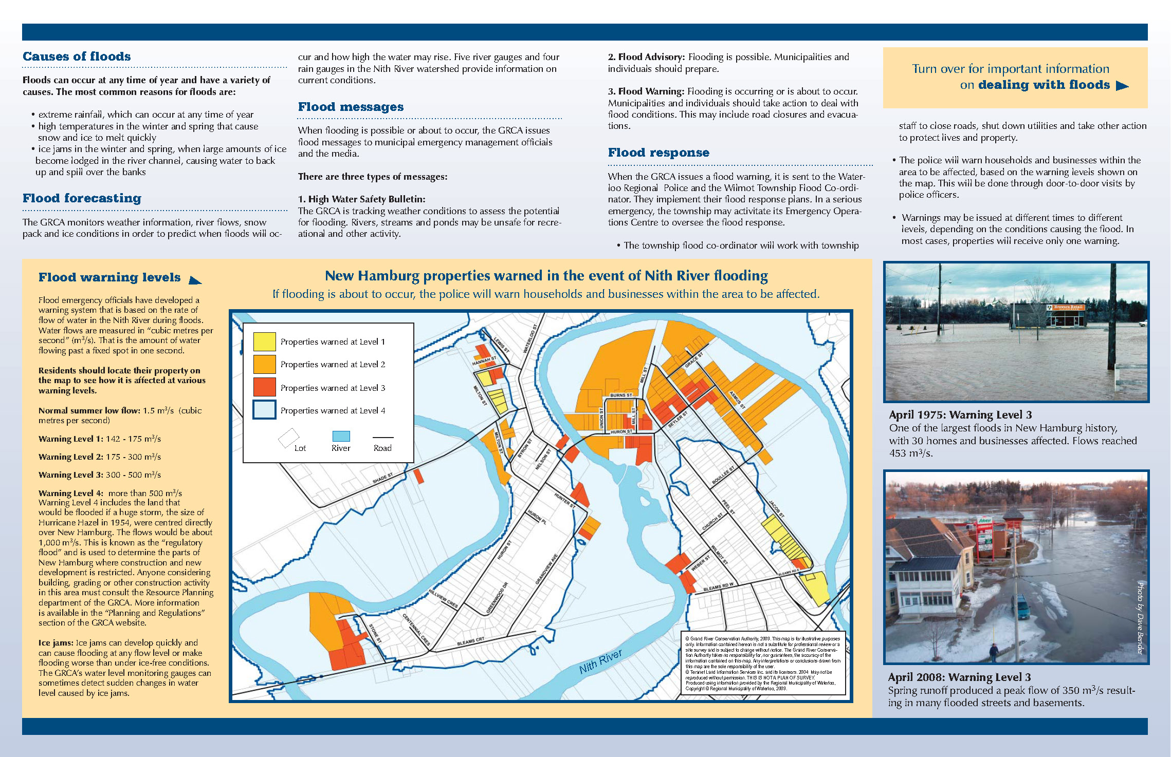 Exemple de carte de sensibilisation aux inondations par l'Office de protection de la nature de Grand River, qui comprend une carte des zones à risque, des informations sur les zones et des images d'inondations passées dans la région de New Hamburg.