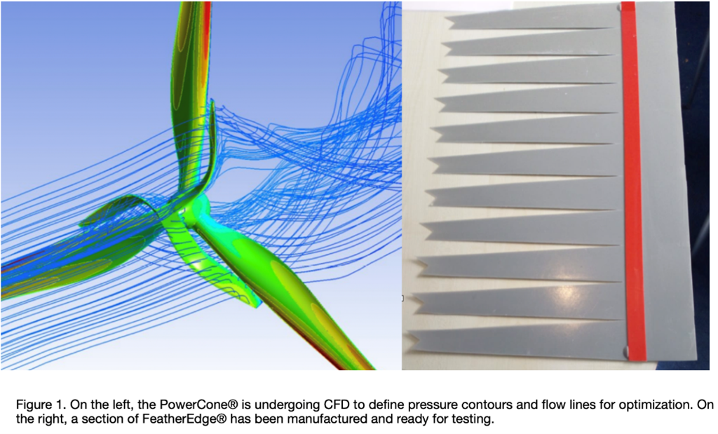 On the left, the PowerCone is undergoing CFD to define pressue contours and flow lines for optimization. On the right, a section of FeatherEdge has been manufactured and ready for testing.