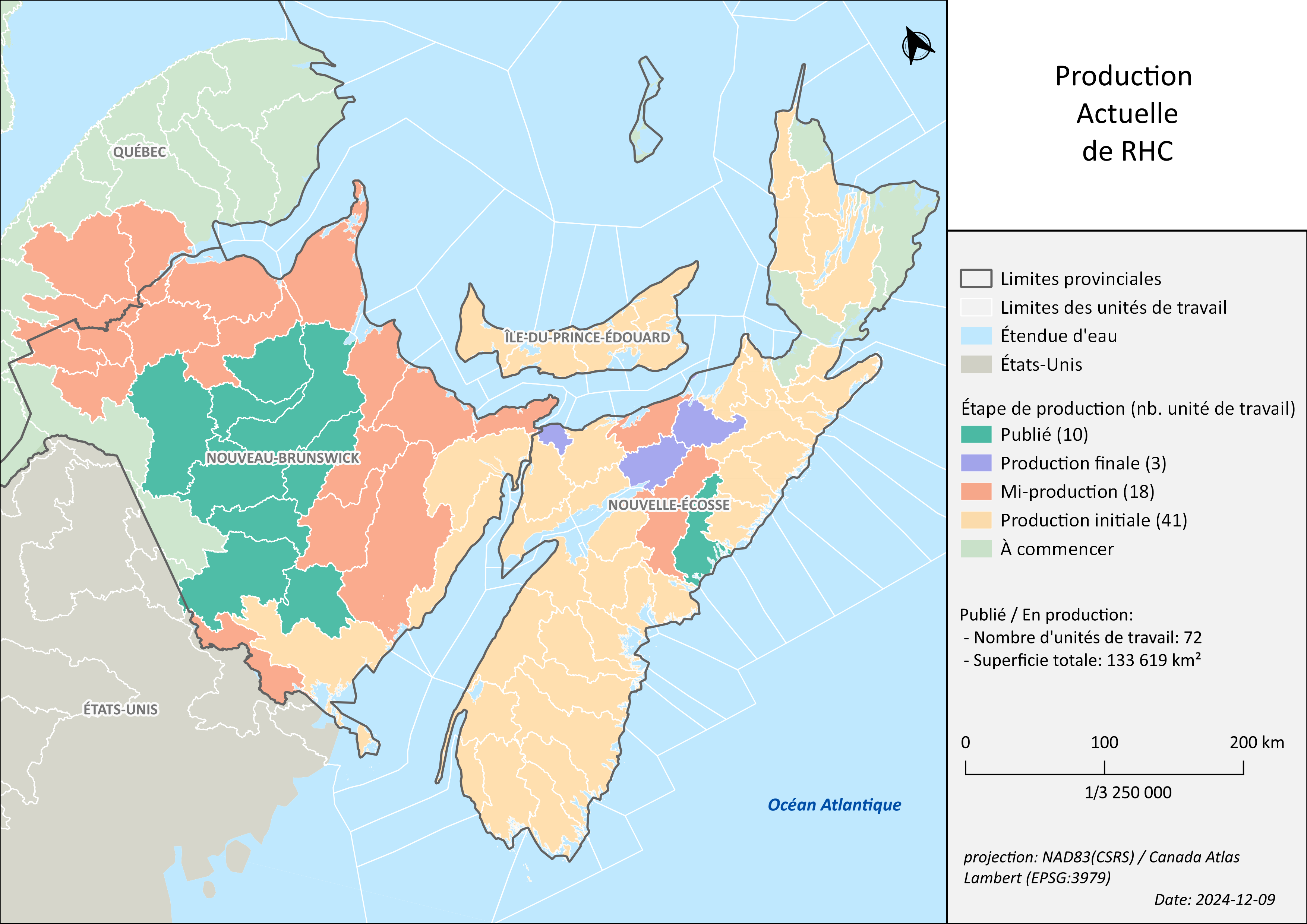 Carte montre l'emplacement des cinq premières unités de travail du Réseau hydrospatial canadien (description ci-dessous)