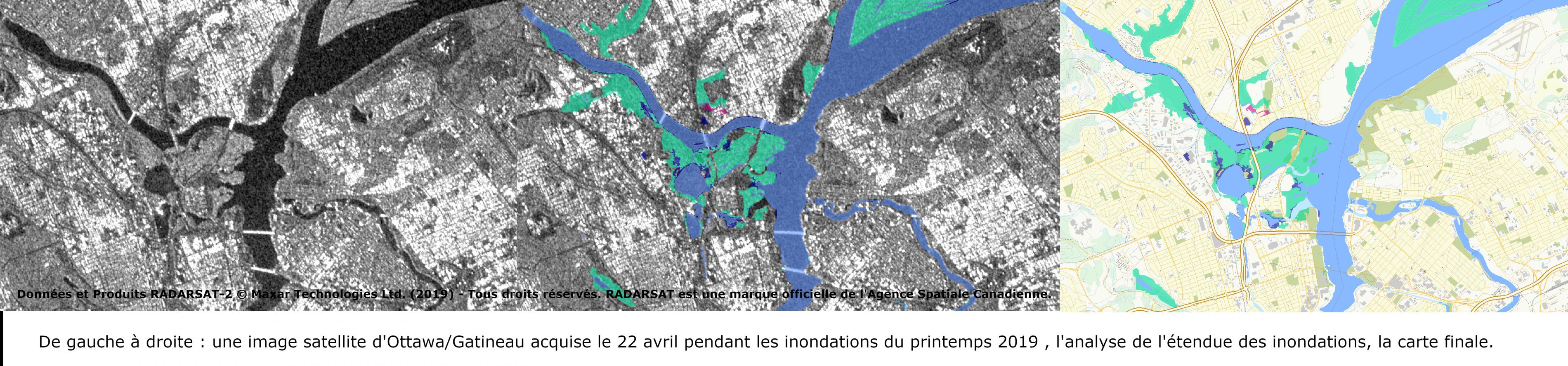 De gauche à droite : une image satellite brute de l’inondation survenue à Gatineau/ Ottawa le 22 avril, suivie de l’image comprenant les premières données d’analyse, puis la carte définitive.