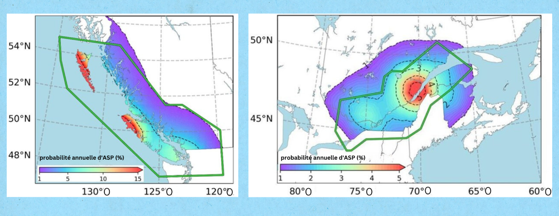 Deux cartes du Canada, où la probabilité annuelle d’ASP est indiquée à l’aide de différentes couleurs et où les zones couvertes par le système d’ASP sont entourées de polygones verts.