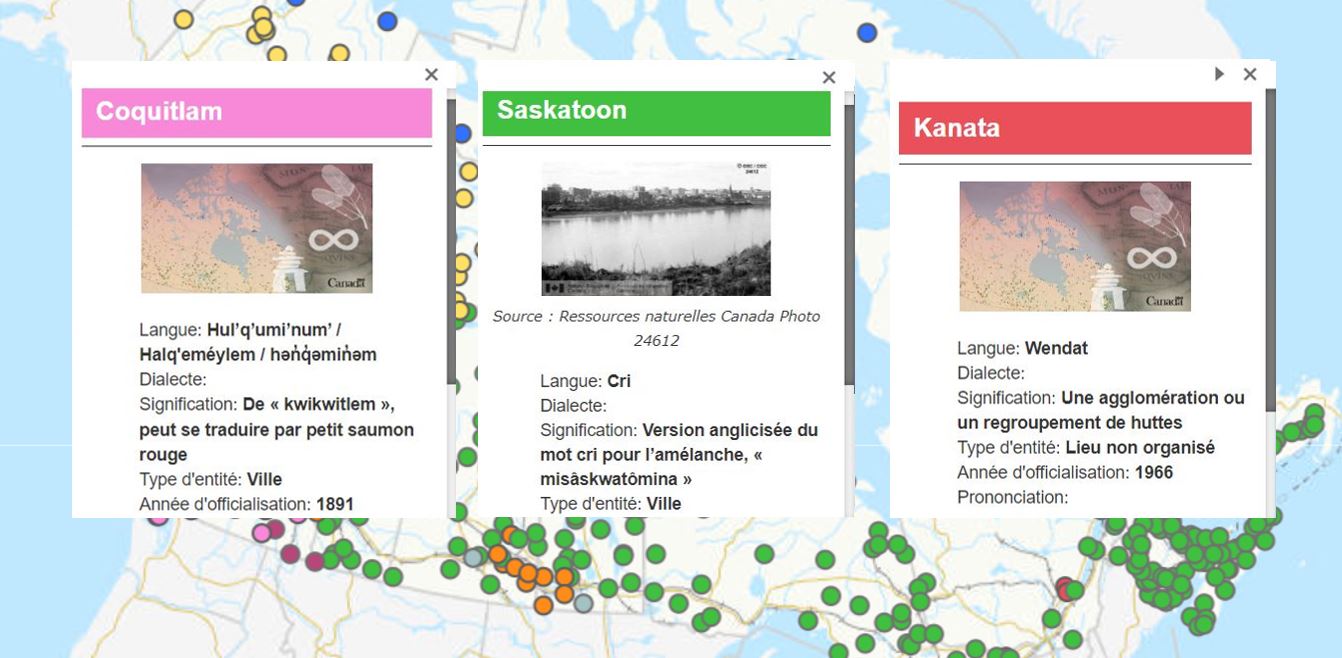 Trois extraits de la carte des noms de lieux indigènes : Coquitlam, Saskatoon, Kanata.