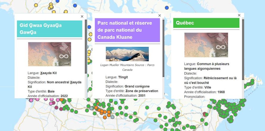 Trois extraits de la carte des noms de lieux indigènes : Gid Gwaa GyaaGa GawGa, Parc national et réserve de parc national du Canada Kluane, Québec.