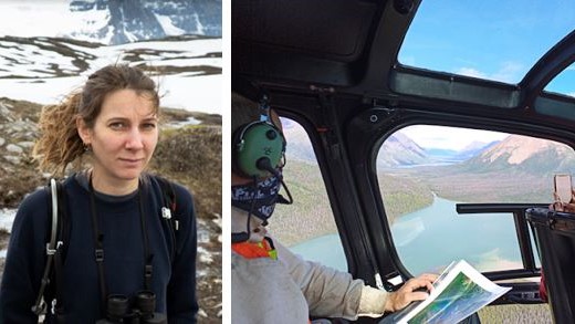 Deux photos, (gauche) portrait informel d'Ellen, (droite) Ellen dans un hélicoptère avec Parcs Canada. 
