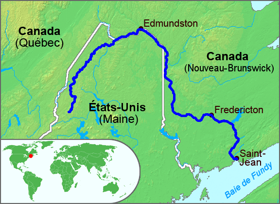 Carte du Maine et du Nouveau-Brunswick montrant où coule le fleuve Wolastoq-Saint-Jean.