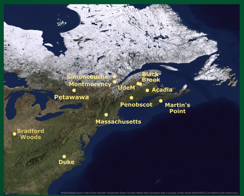 Carte de l’est du Canada et des États-Unis montrant où se trouvent les différents sites d’étude sur le terrain.