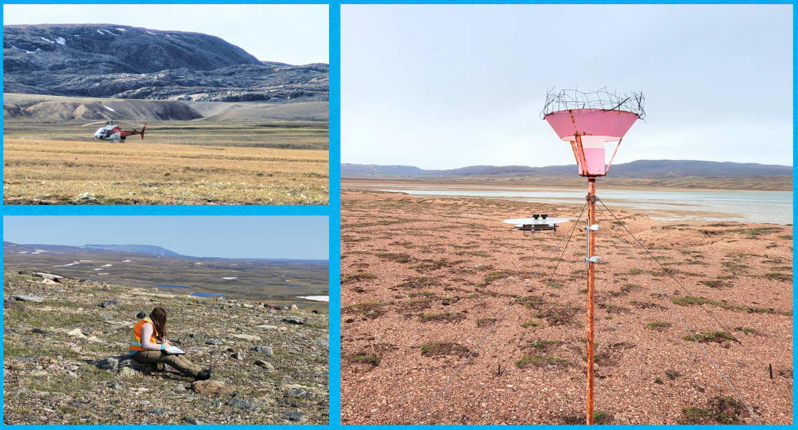 Collage de trois photos : un hélicoptère atterrissant dans la toundra sèche, une femme assise au sol prenant des notes et un collecteur passif de poussière.