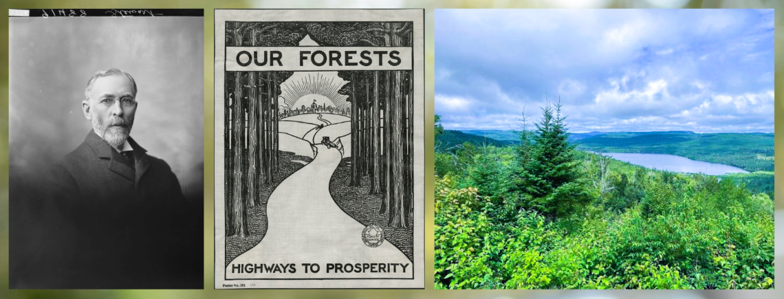 Elihu Stewart, premier surintendant du Dominion forestier du Canada, une ancienne affiche du ministère et une photo récente d’une forêt mixte.