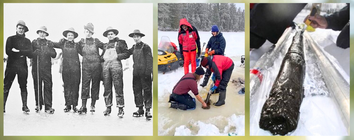 Un groupe de six personnes faisant du patin à glace, un groupe de personnes forant la glace, un gros plan sur une carotte de sédiments.