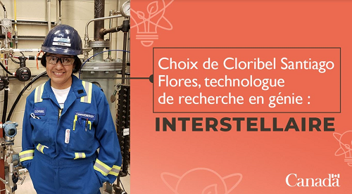 Image de l’ingénieure avec en surimpression le texte « Choix de Cloribel Santiago Flores, technologue de recherche en génie : Interstellaire »