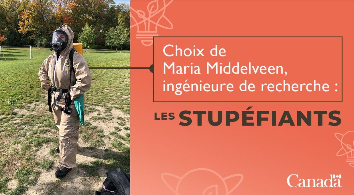 Image sur laquelle on peut voir une photo de l’ingénieure avec en surimpression le texte « Choix de Maria Middelveen, ingénieure de recherche : Les stupéfiants ».